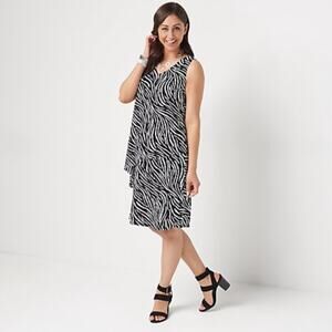 Susan Graver Women's L Black Zebra Print Liquid Knit Sleeveless Tiered Dress